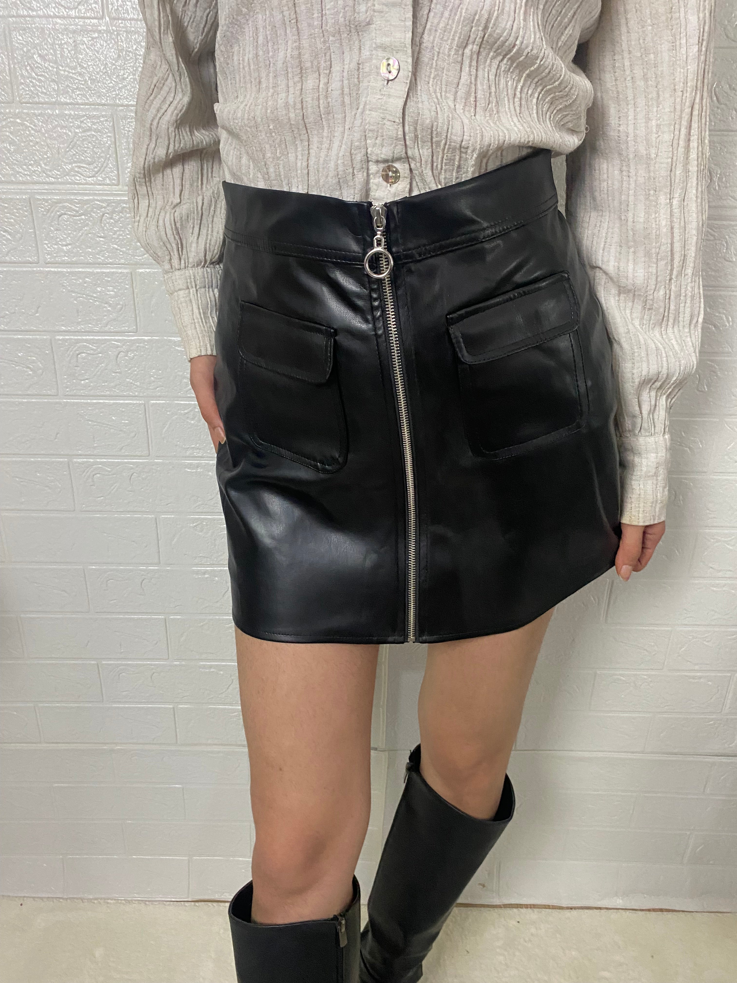 Fermuar Detaylı Deri Etek